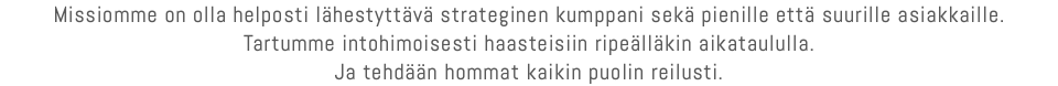 Missiomme on olla helposti lähestyttävä strateginen kumppani sekä pienille että suurille asiakkaille. Tartumme intohimoisesti haasteisiin ripeälläkin aikataululla. Ja tehdään hommat kaikin puolin reilusti.